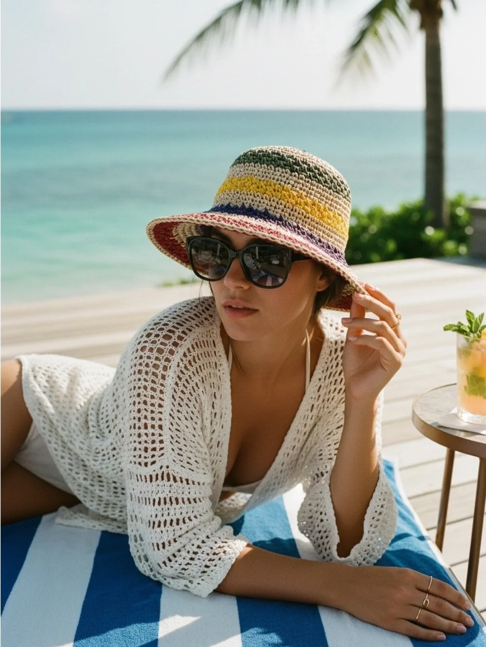 St. Barths Style Colorful Striped Crochet Bucket Hat NEW - Picture 8 of 13